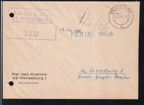 R3 Rat des Kreises 42 MERSEBURG  ZKD auf Brief, Brief Aktenlochung