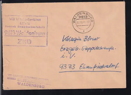 R5 VEB Wäsche-Kombinat Lößnitz Betrieb Steppdeckenfabrik 9613 Waldenburg ZKD auf Brief