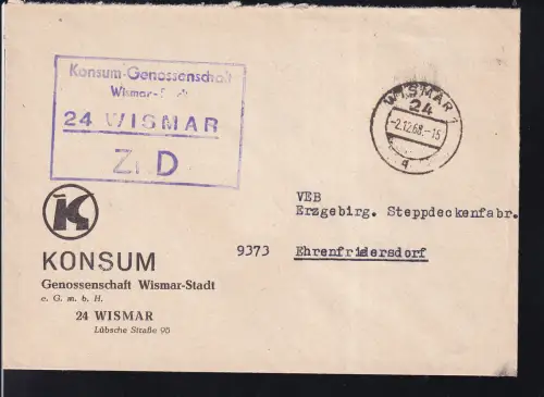 R4 Konsum-Genossenschaft Wismar-Stadt 24 WISMAR ZKD auf Brief
