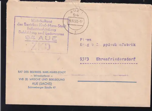 R6 Wirtschaftsrat des Bezirkes Karl-Marx-Stadt Industrieabteilung  Bekleidung und Lederwearen 94 AUE ZKD auf Brief