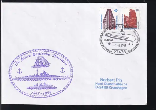 CUXHAVEN 12 27478 150 Jahre Deutsche Marine Ausstellungh PhilaMG "GSK" U-Boot Typ 212 1.6.1998 + Cachet auf Brief