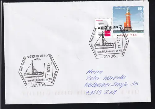 DROCHTERSEB ASSEL DEUTSCHE POST ERLEBNIS BRIEFMARKEN Internationaler Museumstag Feuerschiff "Krautsand II" um 1910 19.5.2013 auf Brief
