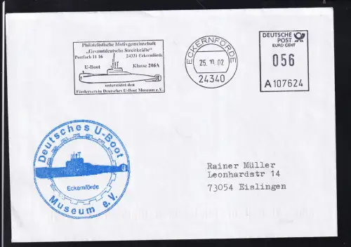 ECKERNFÖRDE 24340 Philatelistische Motivgemeinschaft "Gesamtdeutsche Streitkräfte" Postfach 1116 24331 Eckernförde Unterstützt den Förderverein Deutsches U-Boot-Museum e.V. U-Booz Klasse 206A + Cachet asuf Brief