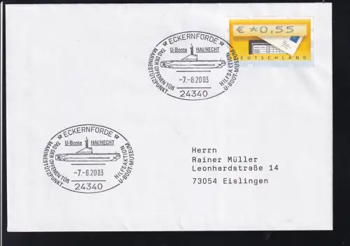 ECKERNFÖRDE 24340 TAG DER OFFENEN TÜR MARINESTÜTZPUNKT U-BOOT-MUSEUM HILFSAKTION U-Boote HAI/HECHT 7.8.2003 auf Brief