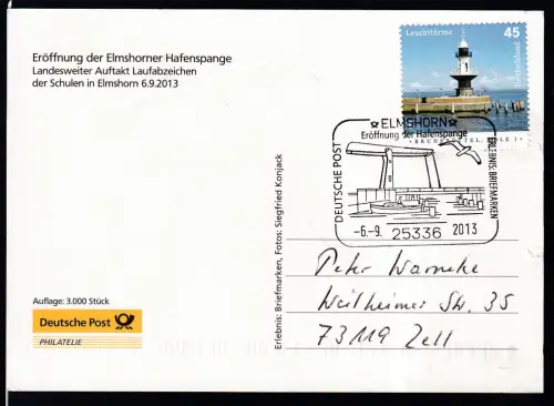 ELMSHORN 25336 DEUTSCHE POST ERLEBNIS BRIEFMARKEN Eröffnung der Hafenspange 6.9.2013 auf CAK (Grüße aus Elmshorn)