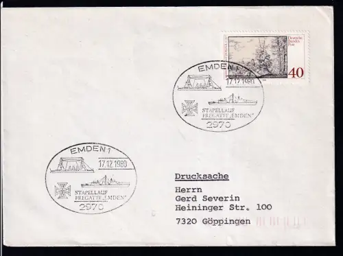EMDEN 1 2970 STAPELLAUF FREGATTE "EMDEN" 17.12.1980 auf Brief