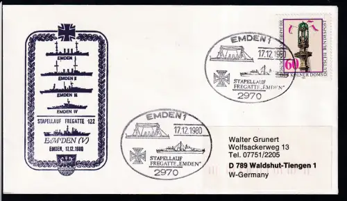 EMDEN 1 2970 STAPELLAUF FREGATTE "EMDEN" 17.12.1980 + Cacher auf Brief