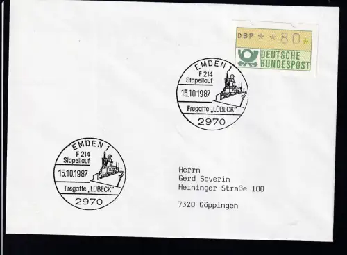 EMDEN 1 2970 F 214 Stapellauf Fregatte "Lübeck" 15.10.1987 auf Brief