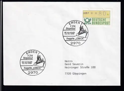 EMDEN 1 2970 F 214 Stapellauf Fregatte "Lübeck" 15.10.1987 auf Brief