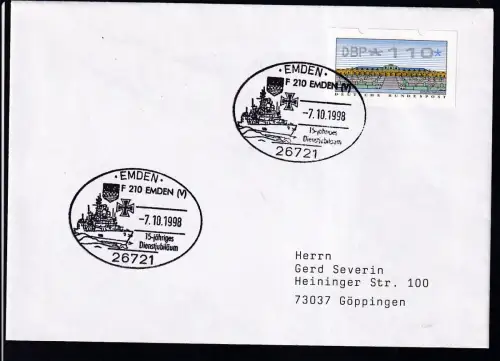 EMDEN 26721 F 210 EMDEN 15-jähriges Dienstjubiläum 7.10.1998 auf Brief
