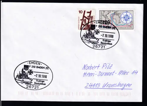 EMDEN 26721 F 210 EMDEN 15-jähriges Dienstjubiläum 7.10.1998 auf Brief