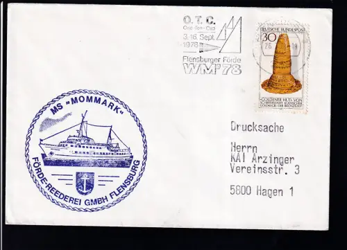 FLENSBURG 239 O.T.C. One-Ton-Cup 3.-16.Sept. 1978 Flensburger Förde WM'78 + Cachet MS "Nommark" auf Brief