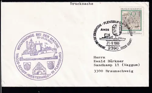 FLENSBURG 1 2390 WOCHENENDE BEI DER MARINE TROSS-SCHIFF "WESTERLAND" A1435 21.9.19870 + Cacher auf Brief