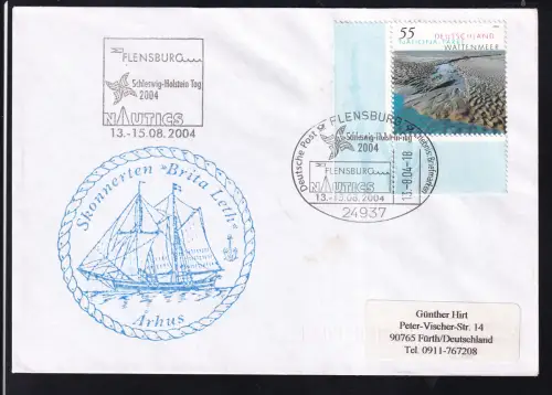 FLENSBURG 24937 Deutsche Post Erlebnis Briefmarken Schleswig-Holstein-Tag 2004 FLENSBURG NAUTICS 13.8.04 + cachets auf Brief