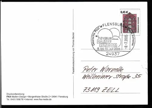 FLENSBURG 24937 Deutsche Post Erlebnis Briefmarken FLENSBURG DAMPF RUND UM 8. bis 10.Jului 2005 8.7.2005 auf CAK (Flensburg unter Dampf)
