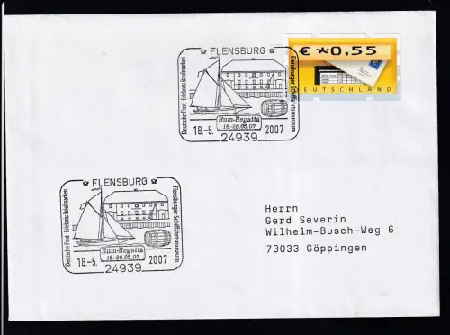 FLENSBURG 24939 Deutsche Post Erlebnis Briefmarken Flensburger Schiffahrtsnuseum Rum-Regatta 18.-20.05.07.18.5.2007 auf Brief 