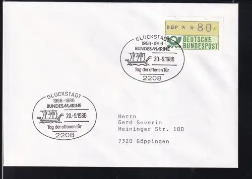 GLÜCKSTADT 1 2208 19456 1986 BUNDESMARINE 30 JAHRE Tag der offenen Tür 20.9.1986 auf Brief