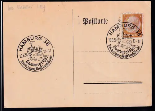 HAMBURG 36 Reichstagung "Kraft durch Freude" Hamburg 1938 10.6.38 auf Ganzsache ohne Anschrift