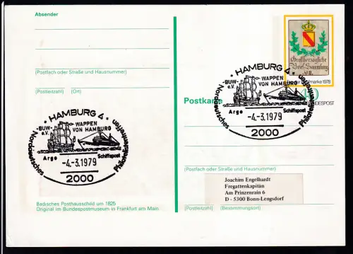 HAMBURG 4 2000 Norddeutsches Philatelistentreffen BUW-e.V. WAPPEN VON HAMBURG Arge Schiffspost 4.3.1979 auf Ganzsache