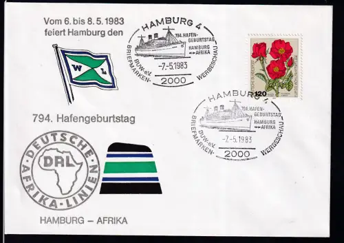 HAMBURG 4 2000 BRIEFMARKEN-WERBESCHAU BUW-e.V. 794. HAFENGEBURTSTAG HAMBURGAFRIKA 7.5.1983 auf Sonderumschlag ohnew Anschrift 