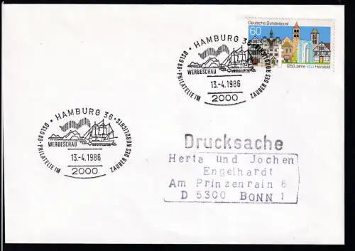 HAMBURG 36 2000 OSLO 86 PHILATELIE IM ZAUBER DES NORDLICHTS WERBESCHAU 13.4.1986 auf Brief