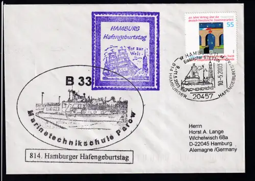 HAMBURG 11 20457 814. HAMBURGER HAFENGEBURTSTAG 9.-11.5.2003 EISBRECHER STETTIN 10.5.2003 + Cacher auf Brief