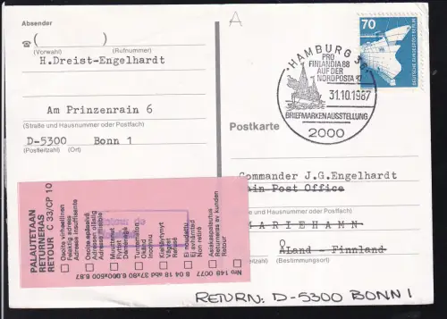 HAMBURG 36 2000 PRO FINLANDIA 88 AUF DER INTERPOSTA 87 BRIEFMARKENAUSSTELLUNG 31.10.1987 auf Postkarte, Karte Eckbug