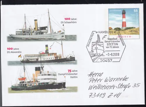 HAMBURG 20457 Deutsche Post Erlebnis Briefmarken Stapellauf Dampf-Wisbrecher STETTIN vor 75 Jahren 7.9.2008 auf Sdonderumschlag