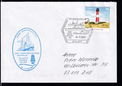 HAMBURG 20457 SCHIFFSPOSTSAMMLERVEREIN GRAF VON SPEE CHAPTER 820. Hafen-geburts-tag 8.5.2009 + Cacher auf Brief
