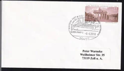 HAMBURG 20457 DEUTSCHE POST ERLEBNIS BRIEFMARKEN Besuch zum 821. Hafengeburtstag QUEEN MARY 2 8.5.2010 auf Brief