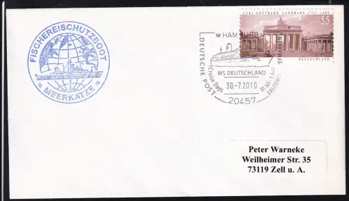 HAMBURG 20457 DEUTSCHE POST ERLEBNIS BRIEFMARKEN CRUISE DAYS 30.Juli-1.Aug. MS DEUTSCHLAND 30.7.2010 + Cachet auf Brief 