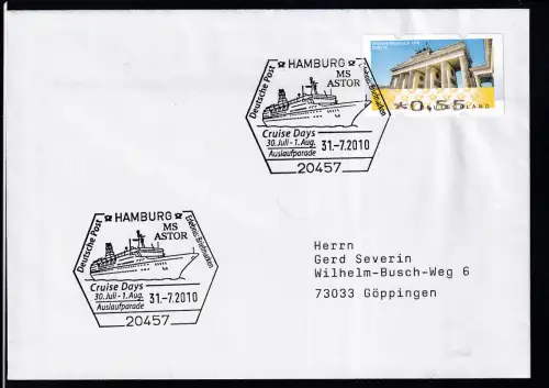 HAMBURG 20457 Deutsche Post Erlebnis Briefmarken MS ASTOR Cruise Days 30.Juli-1.Aug. Auslaufparade 30.7.2010 auf Brief