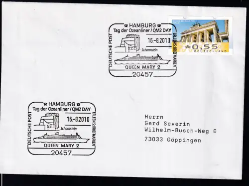 HAMBURG 20457 DEUTSCHE POST ERLEBNUIS BRIEFMARKEN Tag der Ozeanliner /QM2 Day Schiornstein QUEEN MARY 2 16,8,2010 auf Brief