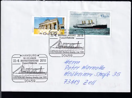 HAMBURG 20459 TAG DER JUNGEN BRIEFMARKENFREUNDE Flussschifferkirche D DEUTSCHLAND (Hamburg-Amerika-Linie 1901) 22.8.2010 auf Brief