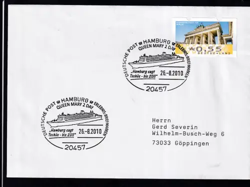 HAMBURG 20457 DEUTSCHE POST ERLEBNUIS BRIEFMARKEN QUEEN MARY 2 DAY "Hamburg sdagt Tschüs - bis 2011"26.8.2010 auf Brief