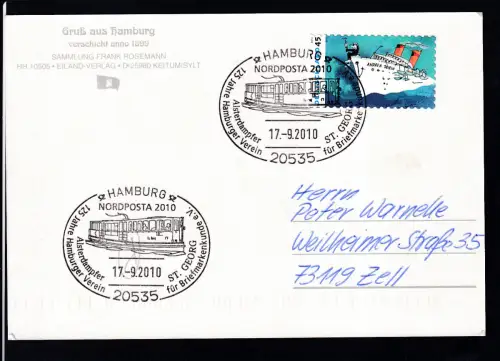 HAMBURG 20535 125 Jahre Hamburger Verein für Briefmarkenkunde e.VB. NORDPOSTA 2010 Alsterdampfer ST. GEORG 17.9.2010 auf CAK