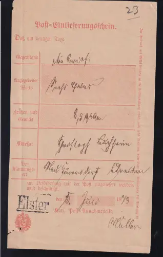 1873 L1 Elster auf Posteinlieferungsschein
