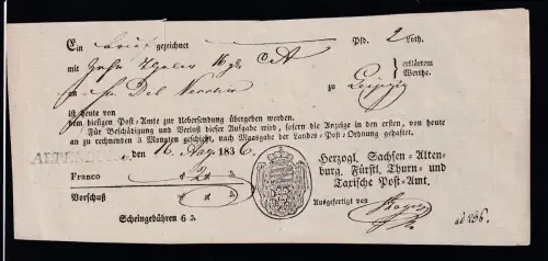 1836 L1 ALTENBURG auf Postschein des herzogl. Sachsen-Altenburg Fürstl. Thurn- und Taxische Post-Amt