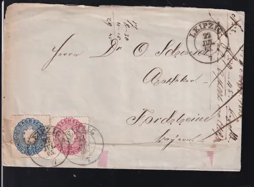 Wappen 1 Ngr. und 2 Ngr. auf Briefhülle mit K2 LEIPZIG 22 JUL 65 nach Forchheim Bayern