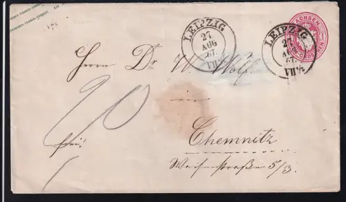 Wappen 1Ngr. mit K2 LEIPZIG 27 AUG 67 nach Chemnitz
