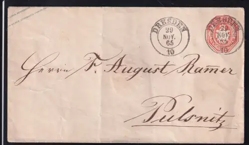Wappen ½ Ngr. mit K2 DRESDEN 29 NOV 65 nach Sebnitz