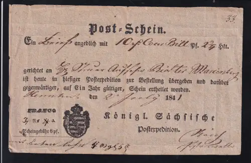 1841 Postschein der Königl. Sächs. Post,Mittelbug
