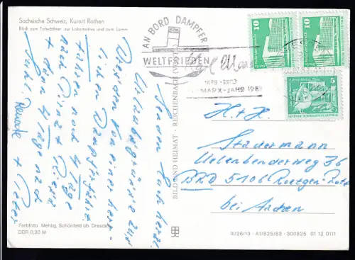 Ost. DRESDEN 05.07.83 + Bordstempel Dampfer Weltfrieden auf CAK (Dampfer Dresden"