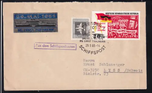 DRESDEN 1 S4CHIFFSPOSTP DRESDEN-RATHEN MS ERNST THÄLMANN 29.5.65 + R1 Aus dem Schiffspostkasten + Vignette auf Brief