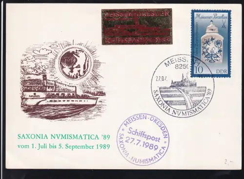 K1 MEISSEN-DRESDEN SAXONIA NUMISMATICA Schiffspost 27.7.1989 auf Sonderpostkarte