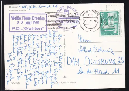 Ost. DRESDEN 21.7.75 + 2 Bordstempel Dampfer Stadt Wehlen auf CAK (Dampfer)