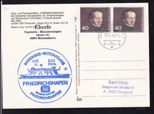 OSt. Romanshorn 10.11.88 + Cachet MS Friedrichshafen auf CAK (MS Friedrichshafen)