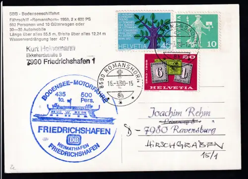 OSt. Romanshorn 16.3.90 + Cachet MS Friedrichshafen auf AK (MS Romanshorn)