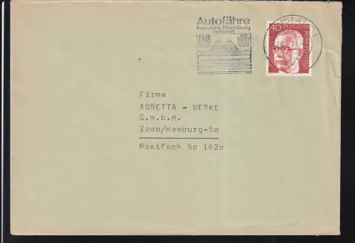 KONSTANZ 1 775 20.2.74 Auto-Fähre Konstanz-Meersburg verkehrt TAG UND NACHT auf Brief, Brief kl. Einriss