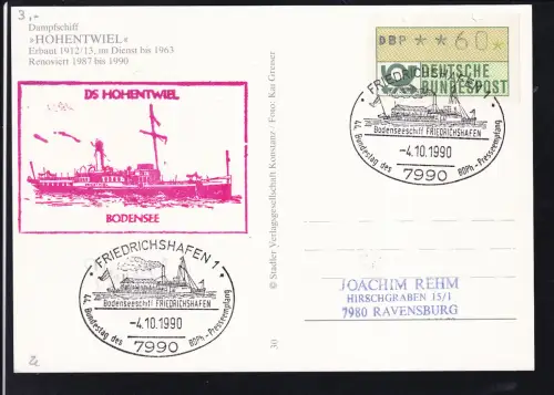 FRIEDRICHSHAFEN 1 7990 Bundestag des BDPh-Prersseempfang Bodenseeschiff FRIEDRICHSHAFEN 4.10.1990 + Cachet DS Hohentwil auf CAK (RD Hohentwil)